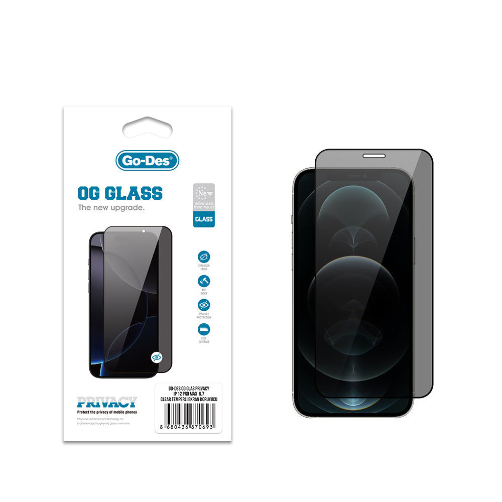 Go Des OG Glass iPhone 12 Pro Max Privacy Antistatik Temperli Cam Ekran Koruyucu Go Des OG Glass iPhone 12 Pro Max Privacy Antistatik Temperli Cam Ekran Koruyucu